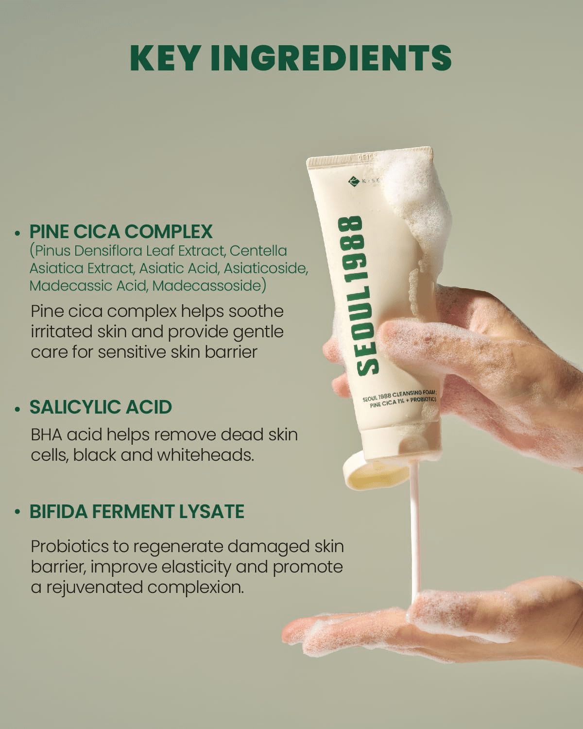 SEOUL 1988 Cleansing Foam : Pine Cica 1% + Probiotics - Αφρός καθαρισμού θρέψης και ενυδάτωσης